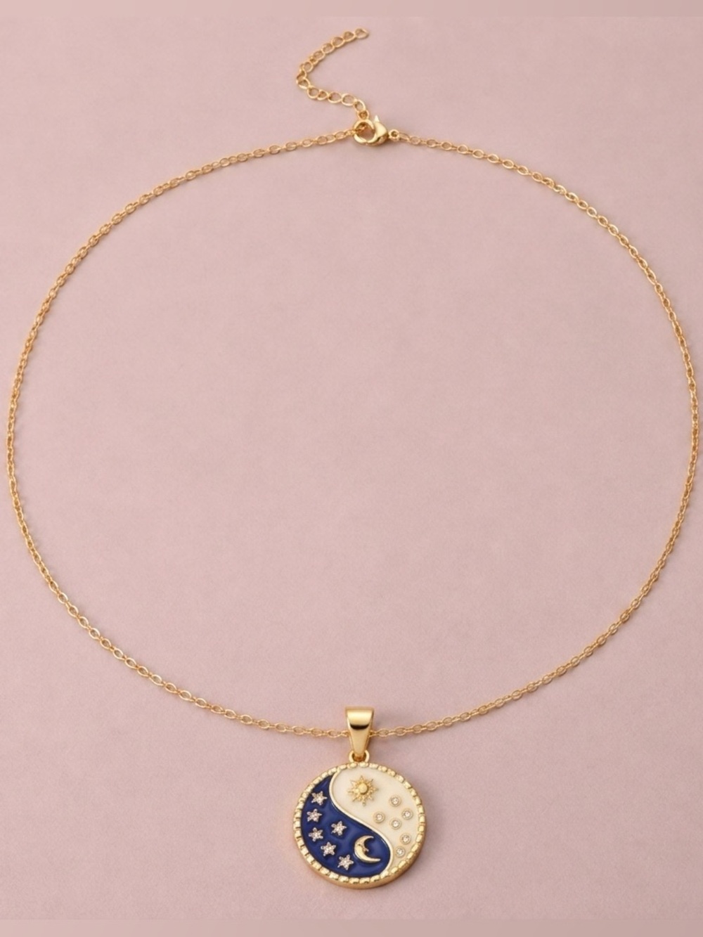 “Night vs Day” Yin Yang Sun Moon Blue White Star Crystal Gold Medallion Necklace - Picture 8 of 8